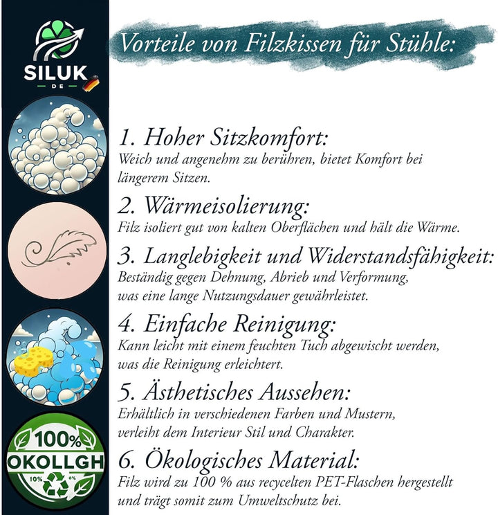 SILUK gemütliches Sitzkissen aus Filz 40cm x 40 cm - Komfortable Waschbare - 4er Set Grau I Schwarz