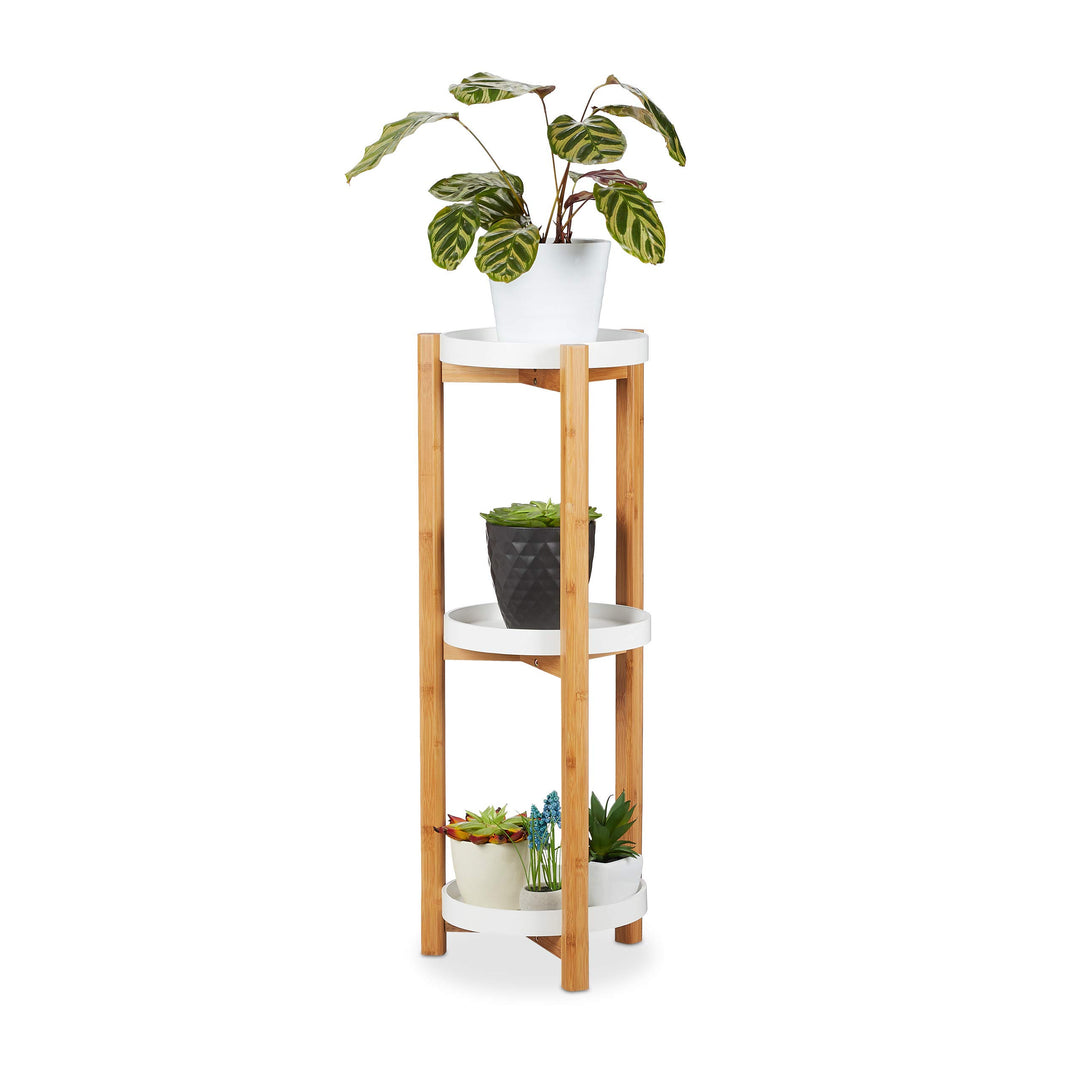 Relaxdays Blumenregal, 3 Etagen, Bambus & MDF, rund, moderner Pflanzenständer für innen, HxD: 79 x 3
