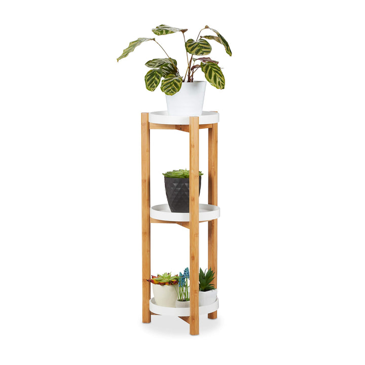 Relaxdays Blumenregal, 3 Etagen, Bambus & MDF, rund, moderner Pflanzenständer für innen, HxD: 79 x 3