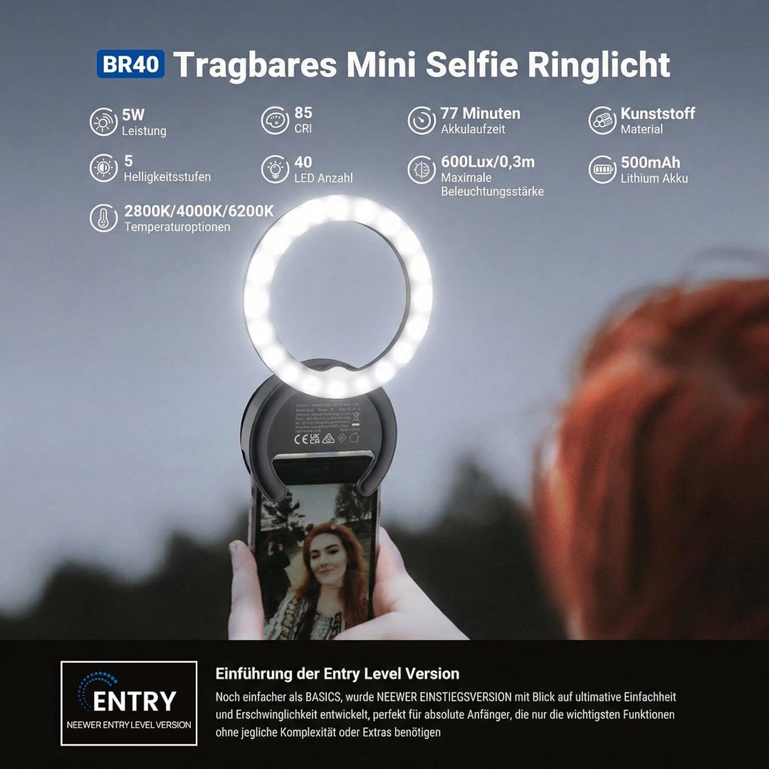 NEEWER ENTRY LEVEL VERSION 4" Selfie Ring Light Handy kompatibel mit iPhone, 5W zweifarbiges wiedera
