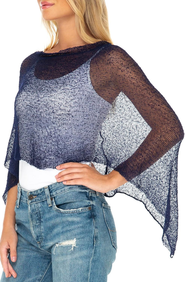 SHU-SHI - Damen Poncho-Top - transparent - leichtes Strickmaterial Dunkelblau, Dunkelblau