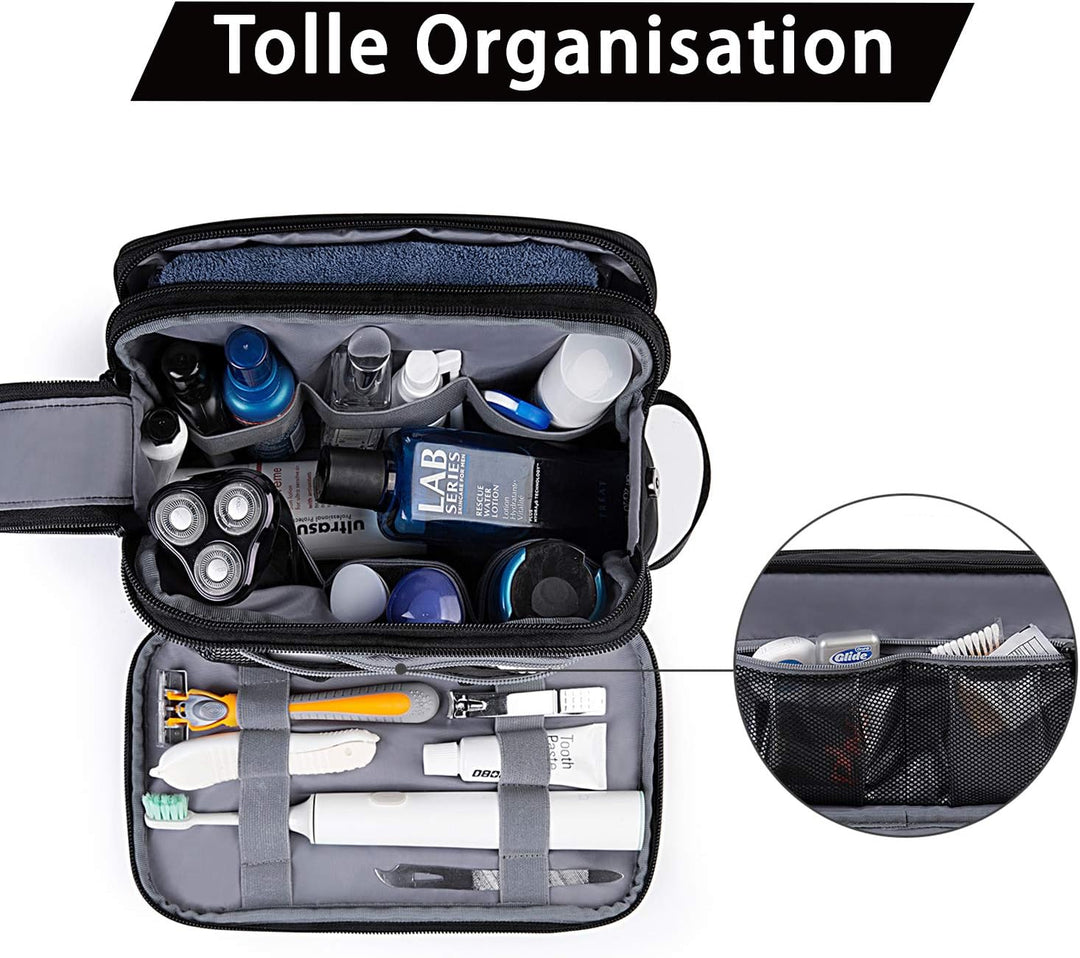 BAGSMART Kulturbeutel für Herren, Reise Kulturtasche Reisezubehör Schwarz-lederfolie M, Schwarz-lede