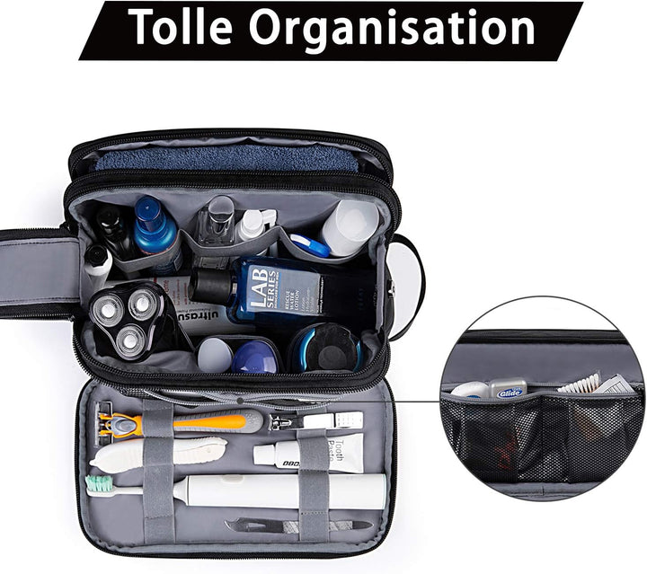 BAGSMART Kulturbeutel für Herren, Reise Kulturtasche Reisezubehör Schwarz-lederfolie M, Schwarz-lede