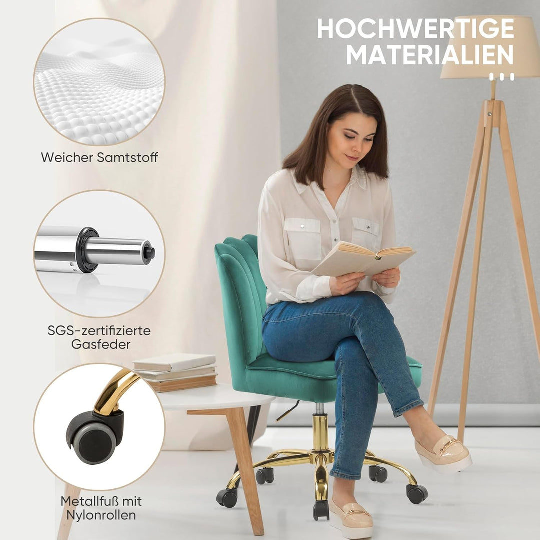 Bürostuhl Samt,Mädchen Schreibtischstuhl,Drehstuhl,Höhenverstellbar Muschel Stuhl,360° Drehbar Rolle