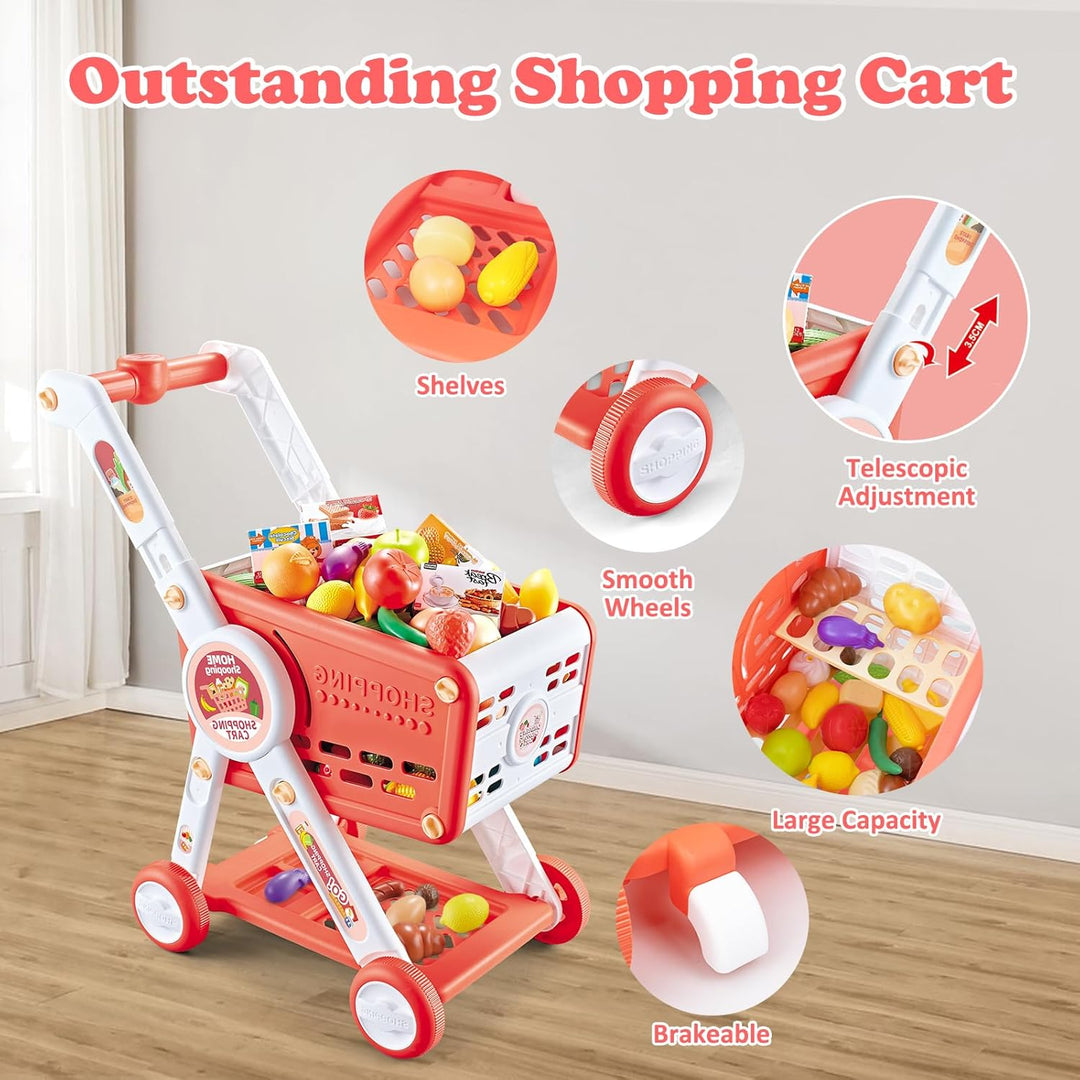 Einkaufswagen für Kinder, 31PCS Supermarkt Einkaufswagen Spielzeug mit Obst Gemüse Kaufladen Zubehör