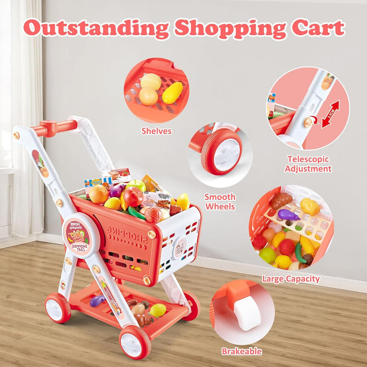 Einkaufswagen für Kinder, 31PCS Supermarkt Einkaufswagen Spielzeug mit Obst Gemüse Kaufladen Zubehör