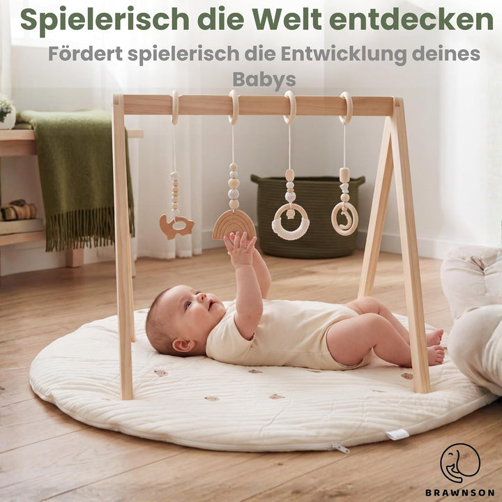 Baby Spielbogen aus Holz mit Spielmatte – 2 Bezüge inklusive – Montessori Baby Gym – Extra dicke 4 c