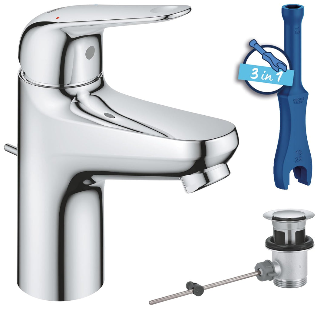 GROHE Swift - Waschtischarmatur (wassersparend, ~16cm hoch, inkl. Montagewerkzeug, Zugstange), chrom