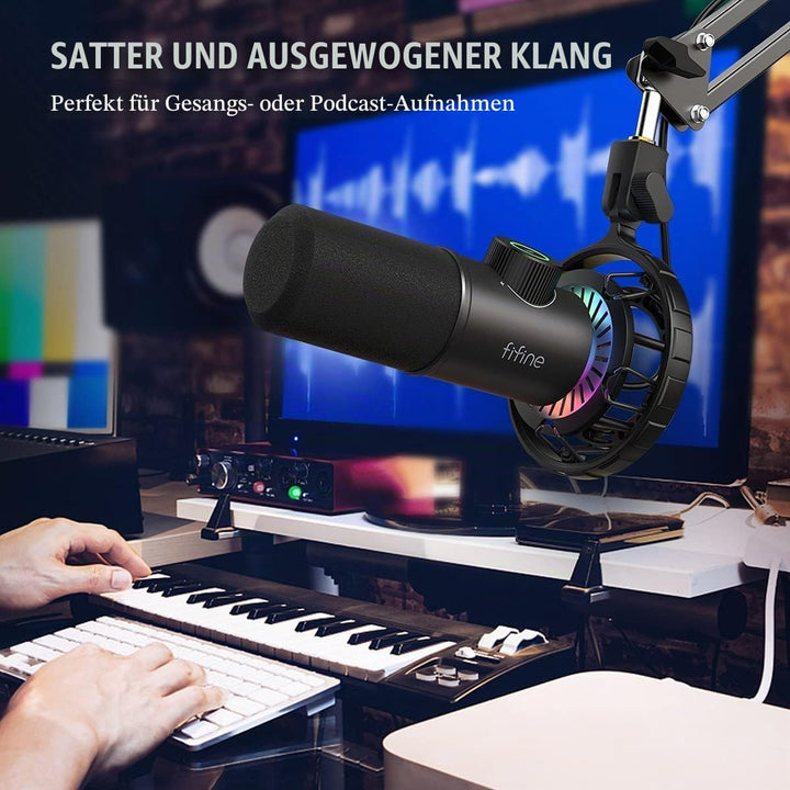 FIFINE USB Gaming Mikrofon, RGB Dynamische Mikrofone PC mit Stummschalttaste, Plug-and-Play Nierench