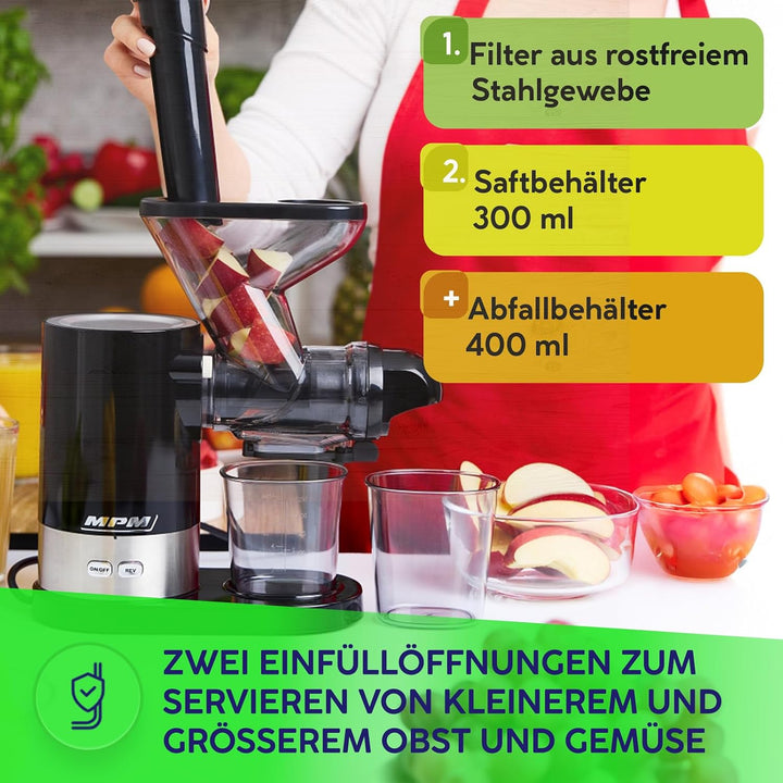 MPM Slow Juicer MSO-17 mit 450 W, 60 U/min und Zwei Einfüllöffnungen | Entsafter Gemüse und Obst, 11