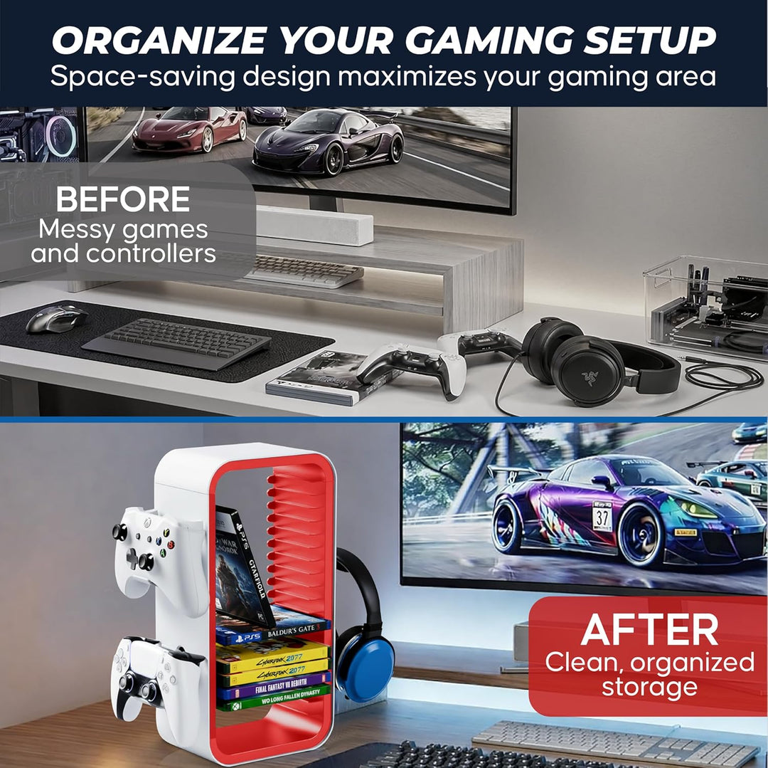 Universal Games Storage Tower Pro - Bis zu 18 Spiele - Mit Controller Halterung für bis zu 4 Gamepad