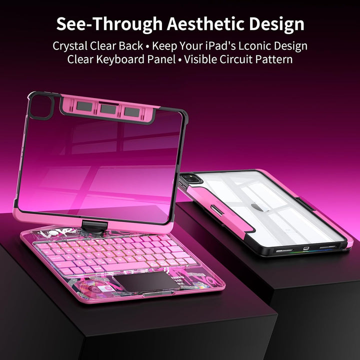 Uminy Klare Tastaturhülle für iPad 10,2 Zoll mit 360° Drehung, Rosa | 7-farbige Hintergrundbeleuchtu