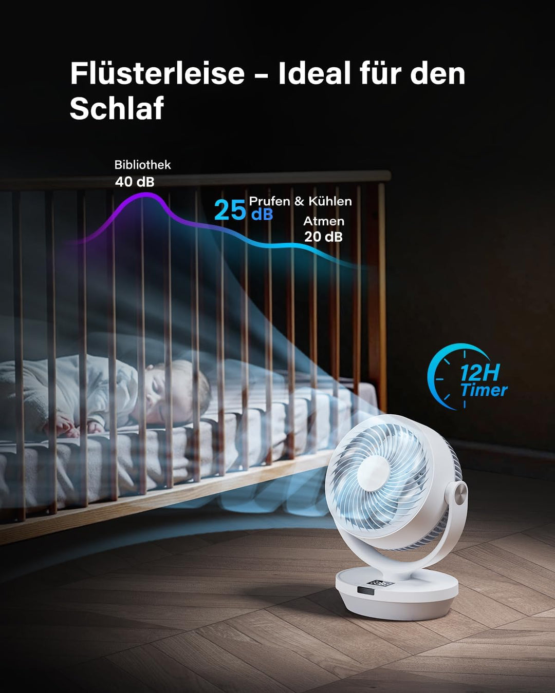 Tischventilator Leise für Schlafzimmer Büro 25dB, 33CM Ventilator mit Fernbedienung, Turbo Luftzirku