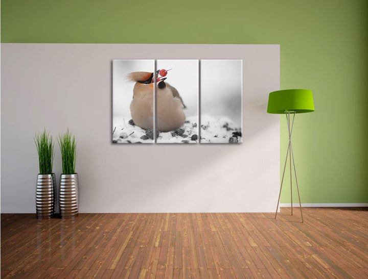 Pixxprint Kleiner Vogel im Schnee Schwarz/Weiss 3-Teiler Leinwandbild 120x80 Bild auf Leinwand