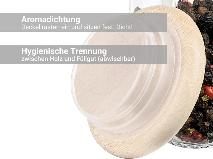 Giessle® 30x kleine 7,5cm hohe Gewürzgläser mit Deckel aus Holz Gewürzgläschen Set Gewürzdosen klein