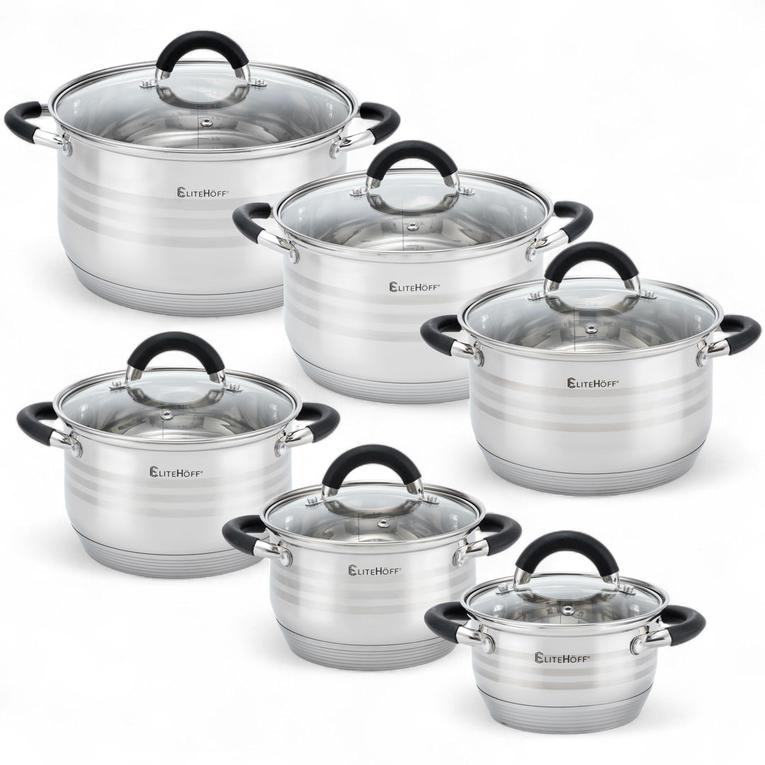 EliteHoff Topfset Induktion 12-teilig, Kochtopf Set mit Glasdeckeln und Silikongriffen, 7-lagiger Ed