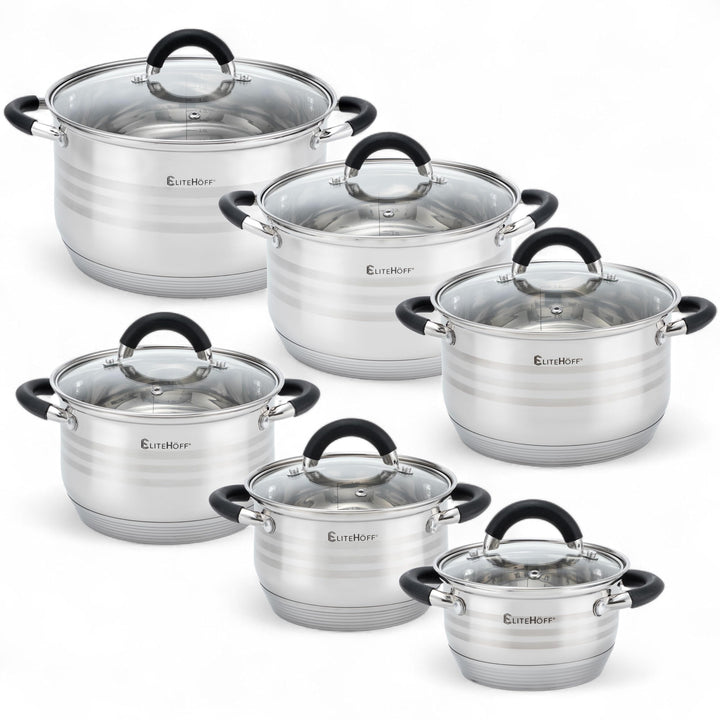 EliteHoff Topfset Induktion 12-teilig, Kochtopf Set mit Glasdeckeln und Silikongriffen, 7-lagiger Ed