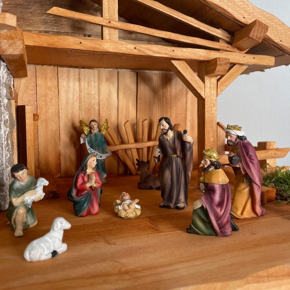 Handgefertigte Weihnachtskrippe aus Holz mit handbemalten 11 Figuren I Tisch Krippe I Weihnachten I