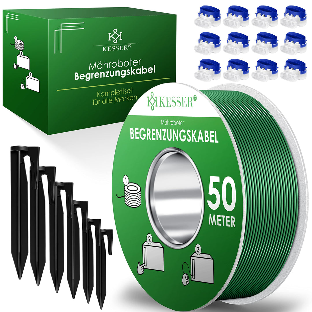 KESSER® Begrenzungskabel 50m + 200 Erdspiesse + 12 Kabelverbinder für Mähroboter Rasenmäher Rasenrob