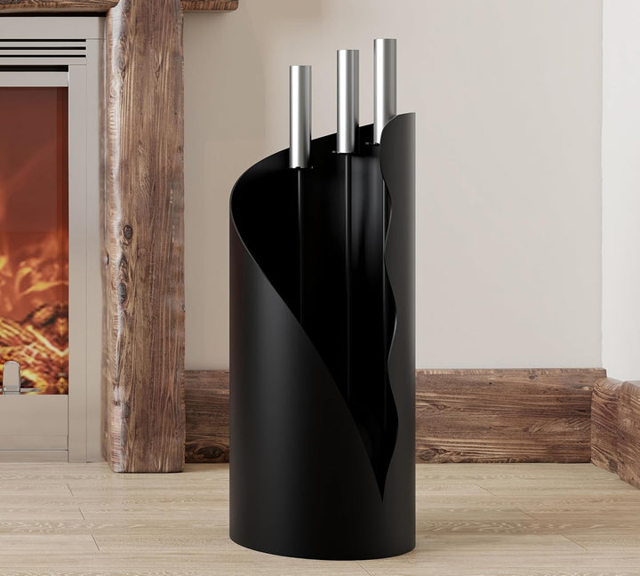 Kingson Kaminbegleiter-Set 3-teilig - Modernes Kaminbesteck mit Bürste, Schaufel & Schürhaken - Rund