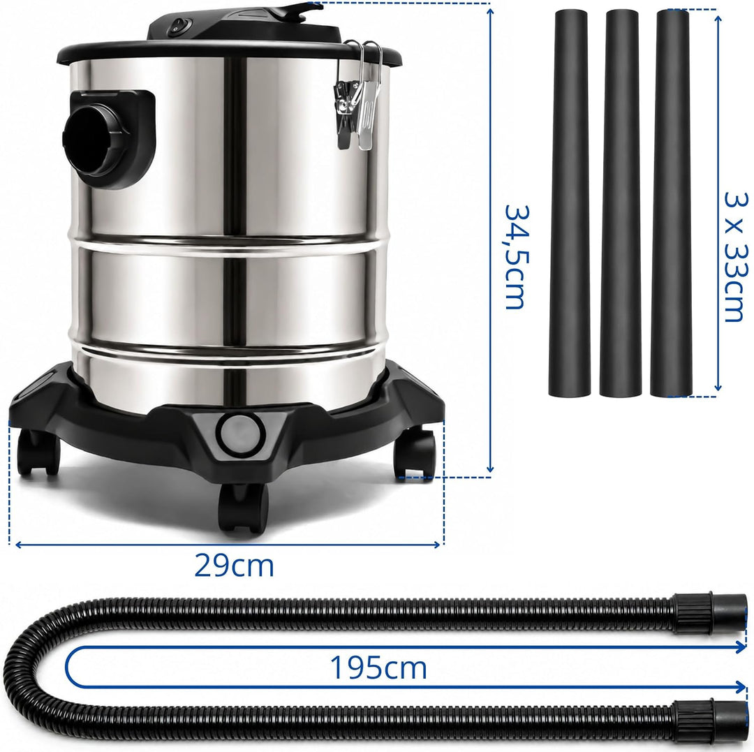 Aschesauger 20L 1650W Kaminsauger Staubsauger (Kabellänge ca. 4m) Inkl. HEPA Filter + Blasfunktion +