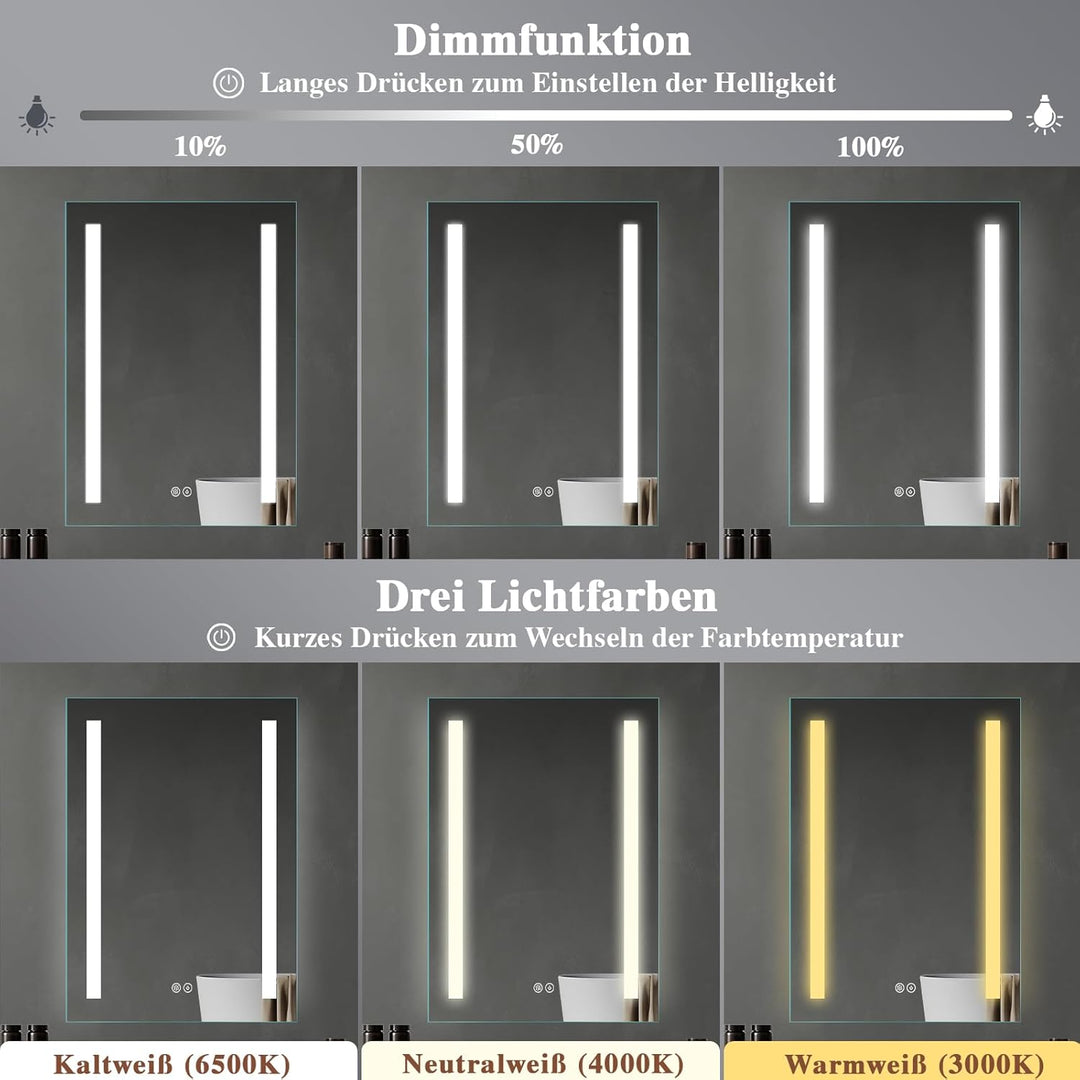 Badspiegel mit Beleuchtung 40x60cm : LED Badezimmerspiegel - Badezimmer Spiegel mit Beschlagfrei - T