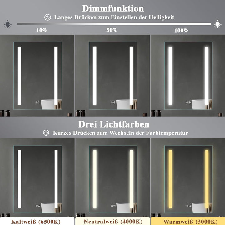 Badspiegel mit Beleuchtung 40x60cm : LED Badezimmerspiegel - Badezimmer Spiegel mit Beschlagfrei - T