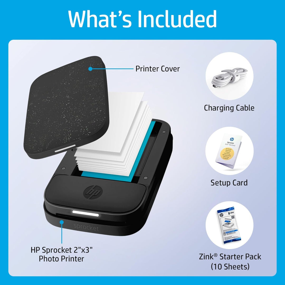 HP Sprocket Portable 2x3 Zoll Sofortbilddrucker (Schwarz) Zink-Papierbündel, Schwarz