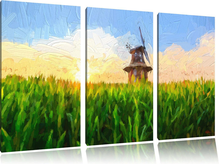 Pixxprint Windmühle auf dem Feld als Leinwandbild/Grösse: 3 Teilig (120x80) cm/Wandbild/Kunstdruck/f