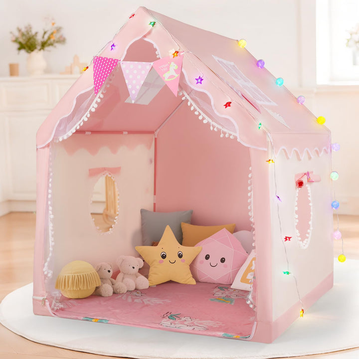 Kinder Spielzelt Hausform, mit LED Lichter & Matte, innen & aussen | Grosser Innenraum, reichhaltige