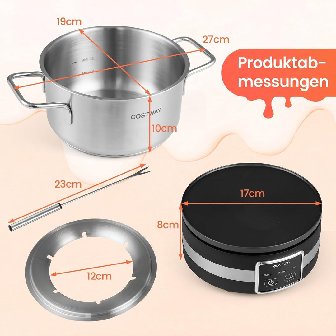 COSTWAY Fondue elektrisch Set, 1200W Fondueset mit 8 farblich markierten Gabeln & Gabelhalter, 2,3l