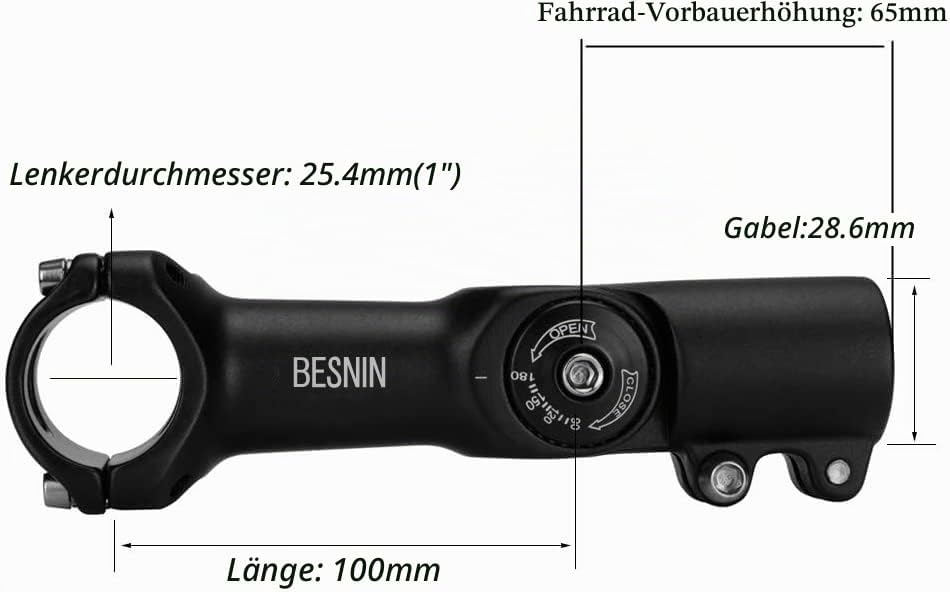 BESNIN Fahrrad Vorbau,Radfahren MTB Vorbau 0-90° 31.8MM OR 25.4MM 60/93/100mm Mountainbike Lenker Vo