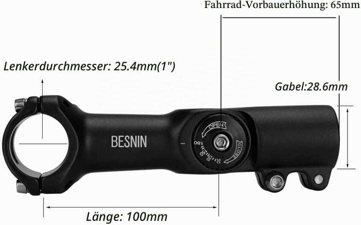 BESNIN Fahrrad Vorbau,Radfahren MTB Vorbau 0-90° 31.8MM OR 25.4MM 60/93/100mm Mountainbike Lenker Vo