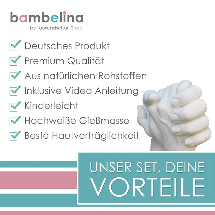 Bambelina extra grosses Handabdruck Set, für die Familie oder bis 4 grosse Erwachsene Hände, Gipsabd