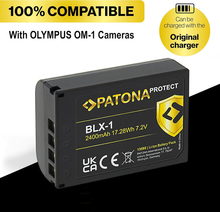 PATONA BLX-1 Protect Kamera-Akku 2X (2400mAh) mit NTC-Sensor und V1 Gehäuse - Kompatibel mit Olympus