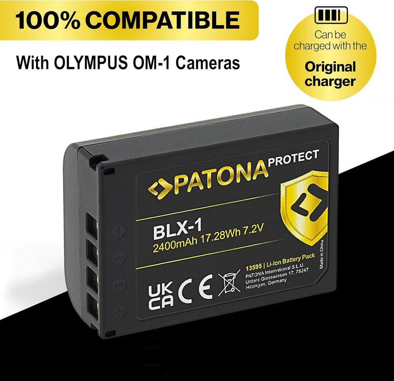 PATONA BLX-1 Protect Kamera-Akku 2X (2400mAh) mit NTC-Sensor und V1 Gehäuse - Kompatibel mit Olympus