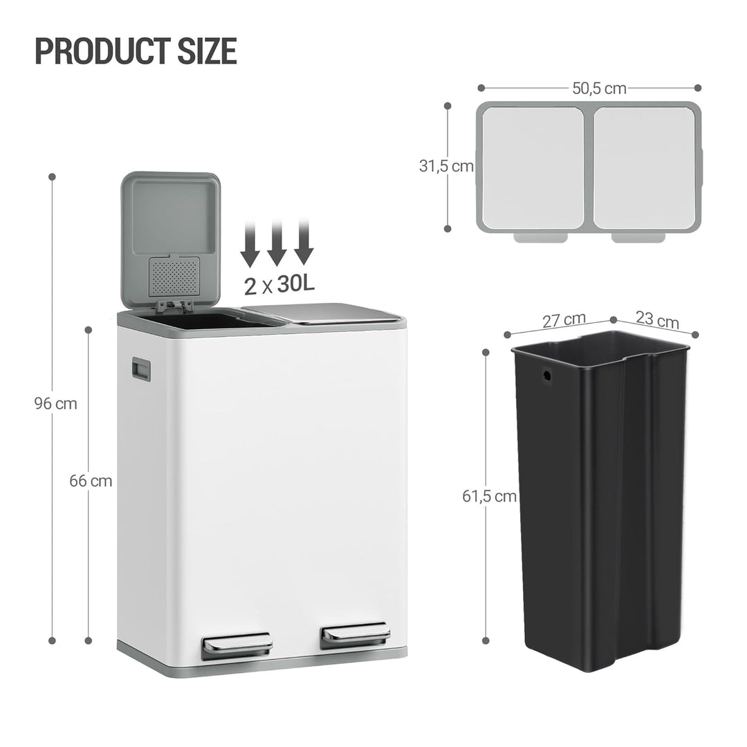 Hzuaneri Mülleimer Küche, Mülltrennsystem 2 Fächer 60 L (2 x 30 L), Edelstahl-küchenmülleimer, Tretm