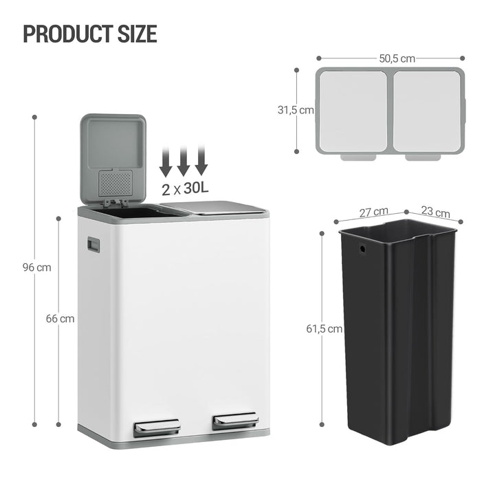 Hzuaneri Mülleimer Küche, Mülltrennsystem 2 Fächer 60 L (2 x 30 L), Edelstahl-küchenmülleimer, Tretm