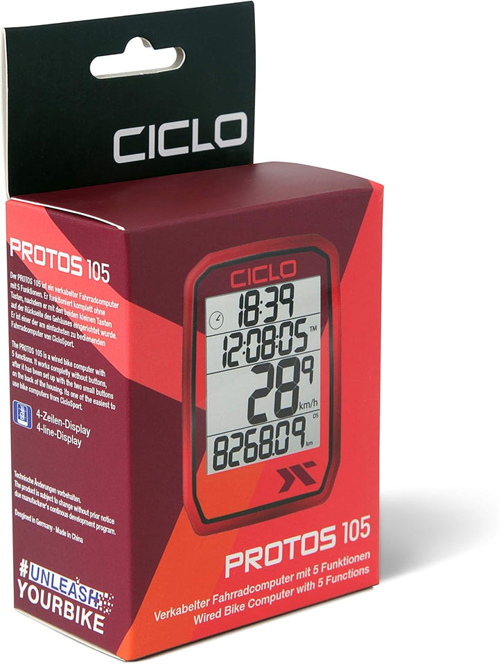 CICLO PROTOS 105 verkabelter Fahrradcomputer, mit 5 automatischen Funktionen, Rot