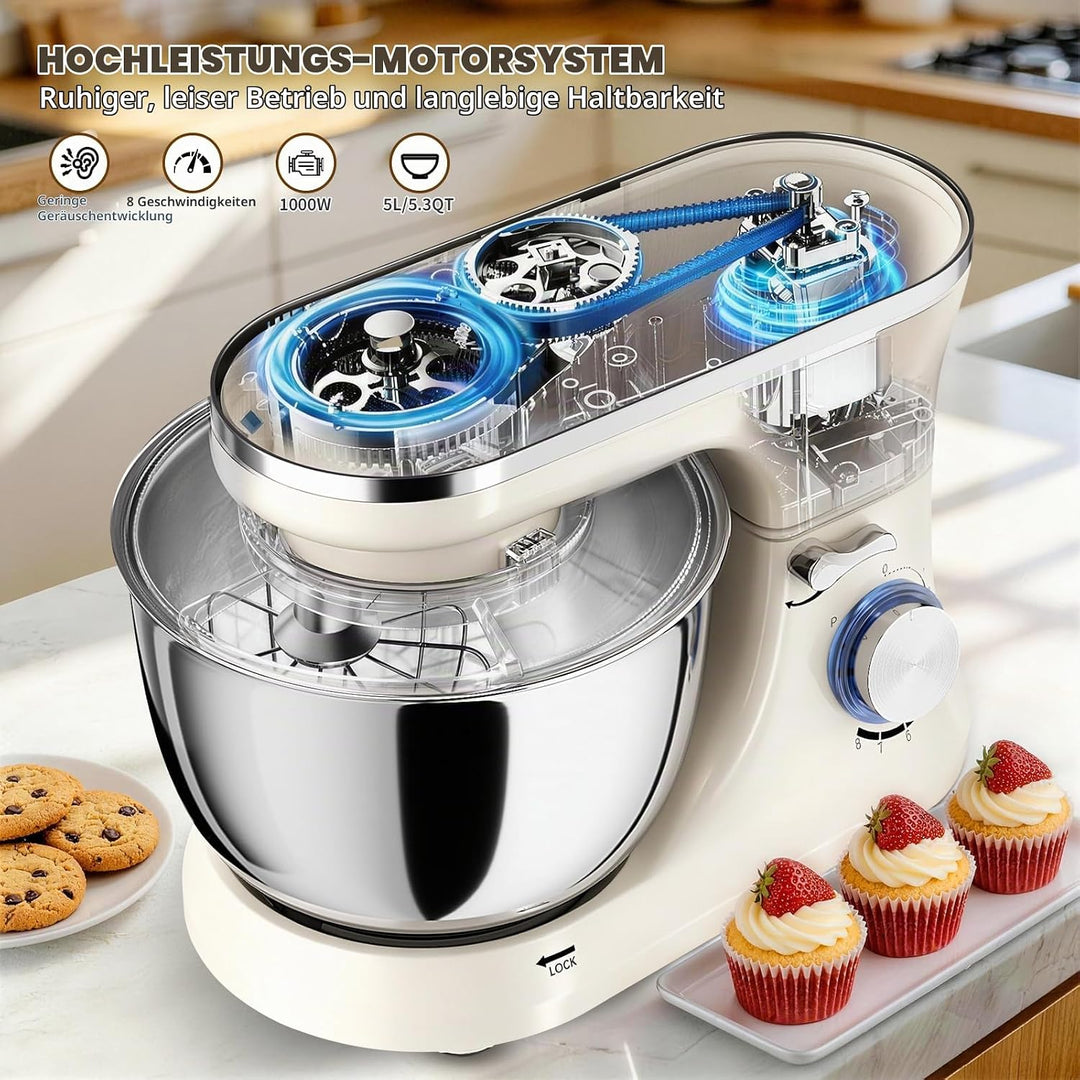 Küchenmaschine 5L – Knetmaschine mit 1000W, 8+ P Geschwindigkeiten, 3 Rührwerkzeuge, Spritzschutz, T
