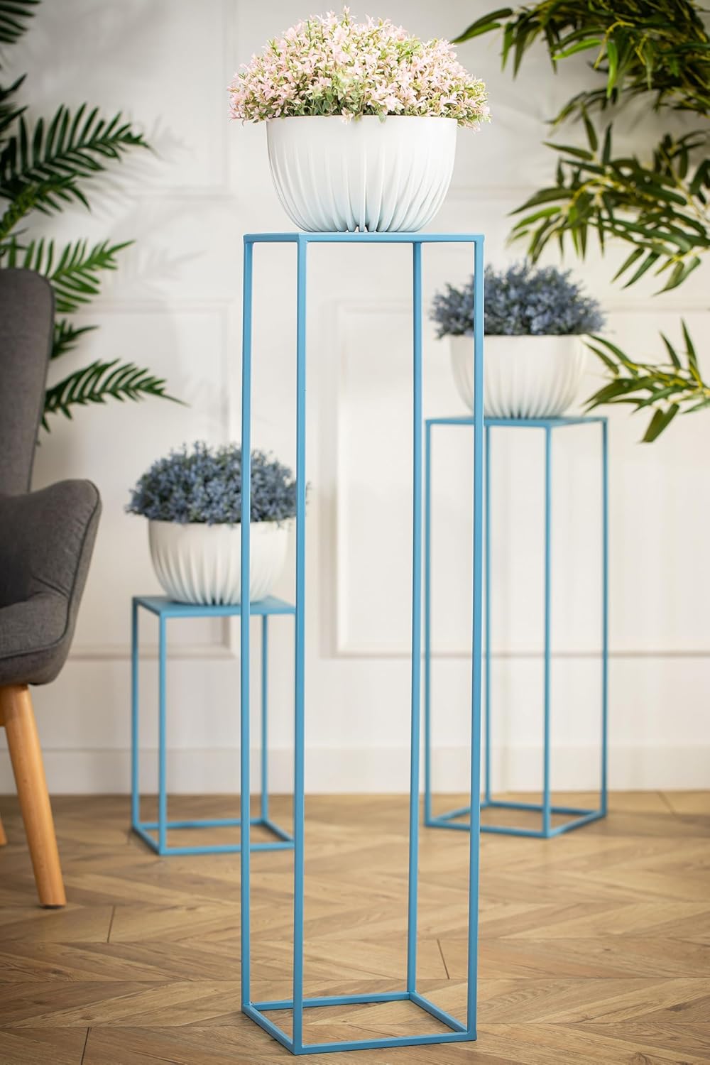 HowHomely Blumenständer Metall Blau 100 cm Hoch - Solider und Robuster Blumenhocker Metall - Pflanze