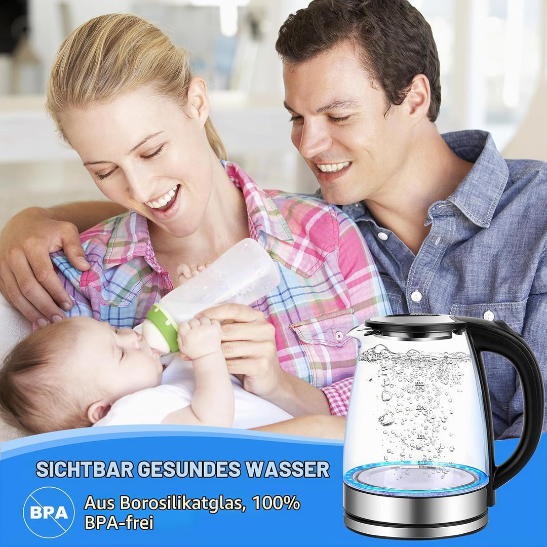 Glas Wasserkocher 2,0 liter, 2300w, BPA-frei, LED Beleuchtung, Schnelles Kochen,Wasserkocher aus Bor