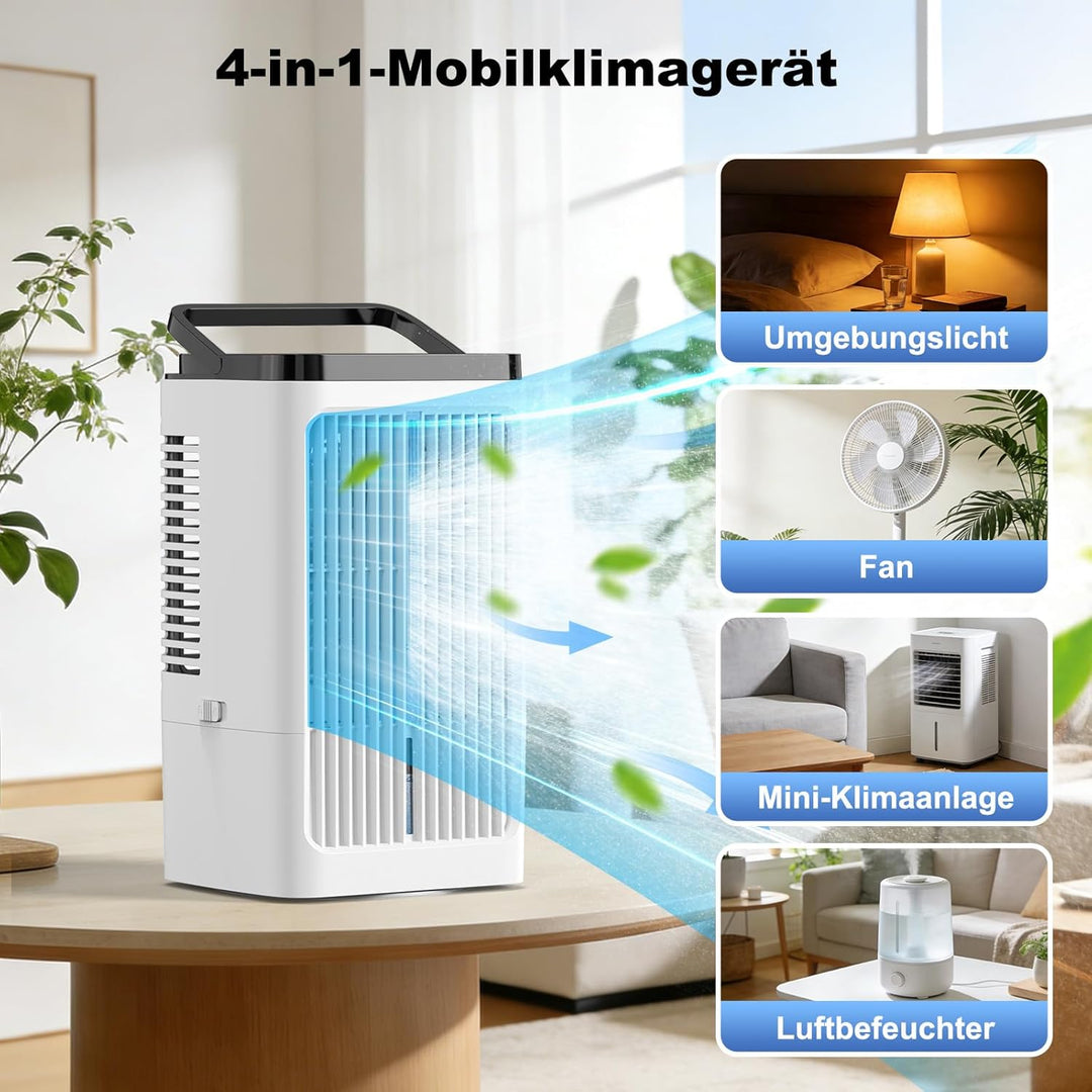 Klimaanlage Mobil, 4 in 1 Mobile Klimaanlage mit Sprühstufen &amp; Geschwindigkeitsstufen, Timer, 90° Os
