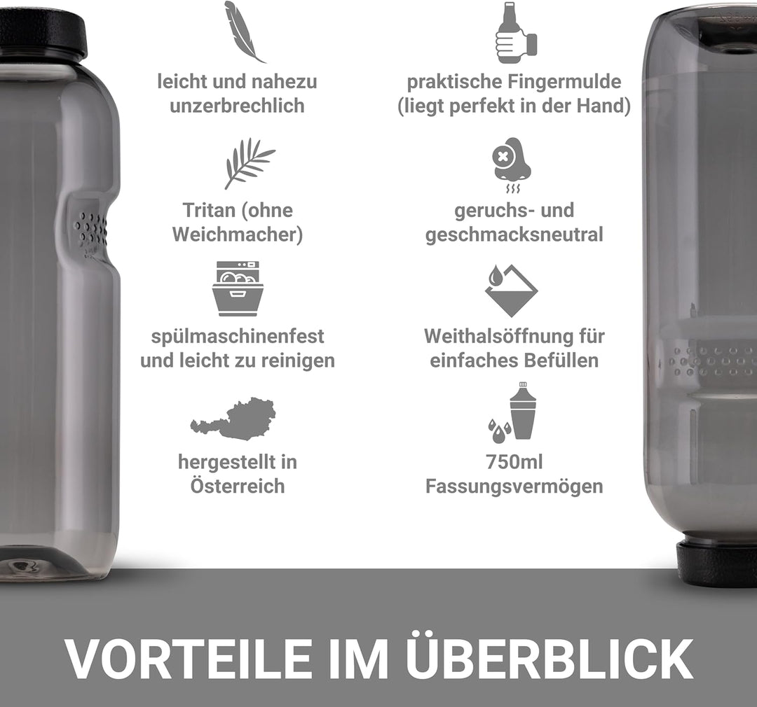 Kavodrink 10 x Tritan Trinkflasche 0,75L Wasserflasche schwarz Sportflasche BPA frei Flasche 750ml