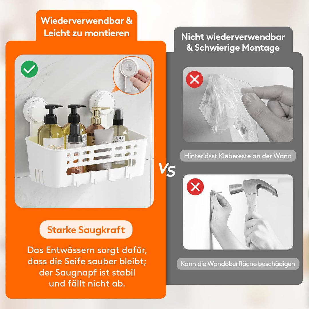 Lifewit Saugnapf Badregal, Duschablage Ohne Bohren, Kunststoff Bad Duschablage mit 4 Haken Duschrega