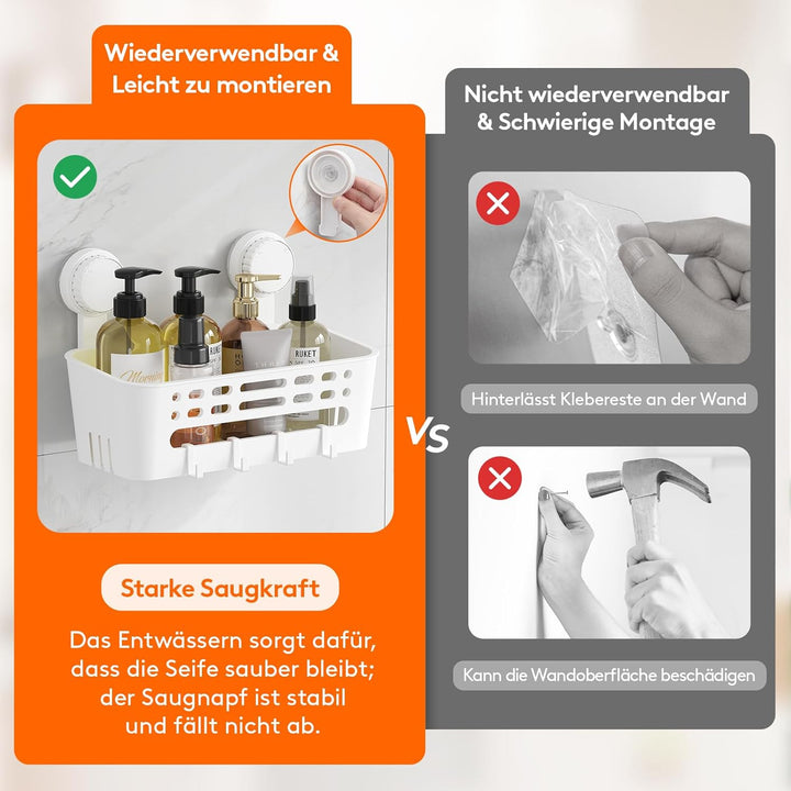Lifewit Saugnapf Badregal, Duschablage Ohne Bohren, Kunststoff Bad Duschablage mit 4 Haken Duschrega