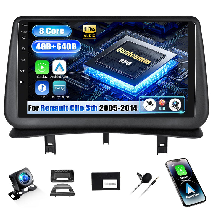 SIXWIN Qualcomm 8 Core 4+64G Android 15 Autoradio mit CarPlay/Android Auto/DSP für Renault Clio 3 20