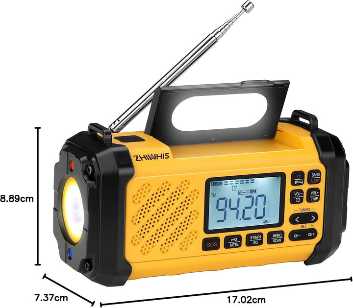 ZHIWHIS Notfall-Radio mit Bluetooth, 10000mAh FM/AM/SW/VHF/NOAA Wetterradios mit Warnungen, Handkurb