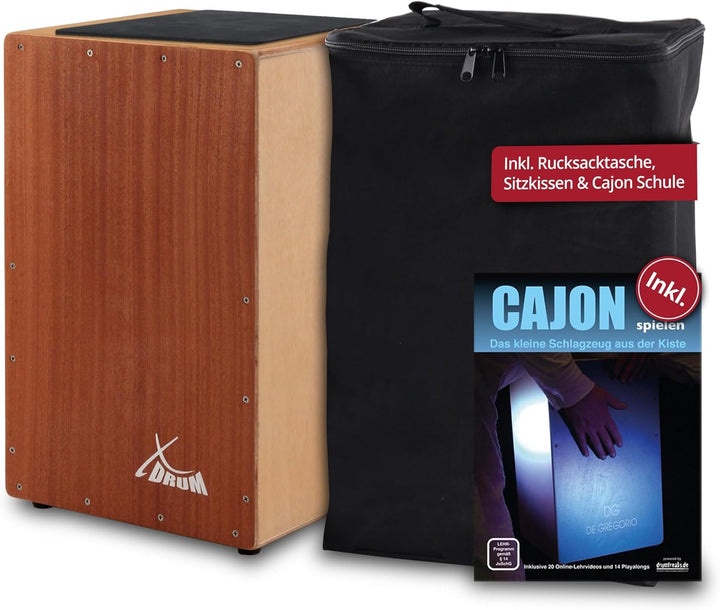 XDrum Cajon Primero Sapeli - Kistentrommel inkl. Rucksacktasche und Schule - Trommelkiste mit Snare