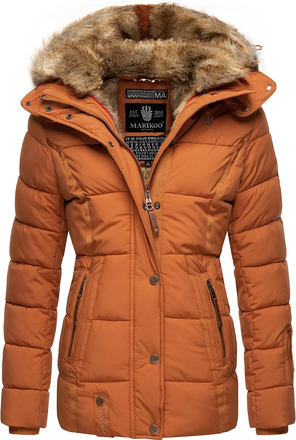 MARIKOO Damen Winterjacke warme Steppjacke mit Kunstfell Innenfutter Nekoo XS-3XL S Rusty Cinnamon,